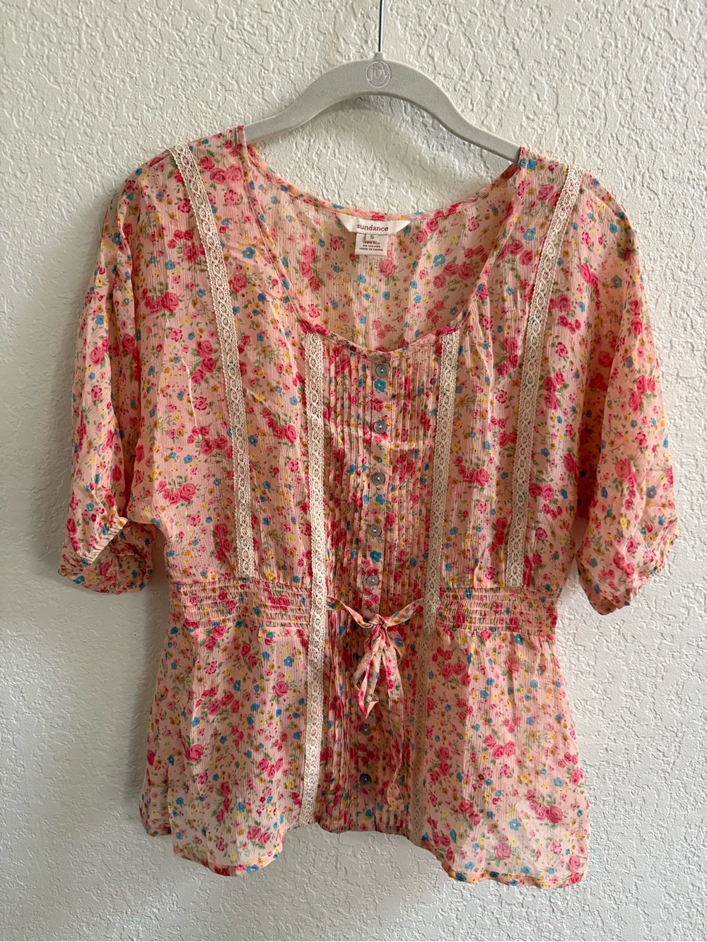 Sundance Pink Floral 100% Silk Pintuck Peasant Blouse